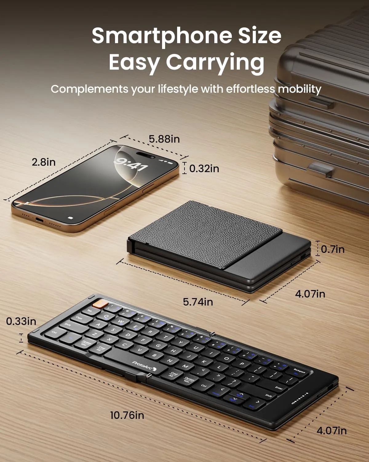 ProtoArc Foldable Compact Keyboard, XK04 Portable Bluetooth Keyboard with PU Leather Cover, Pocket-Sized Wireless Travel Keyboards for iPad, iPhone, Smartphone, Tablet and Laptop - Black
