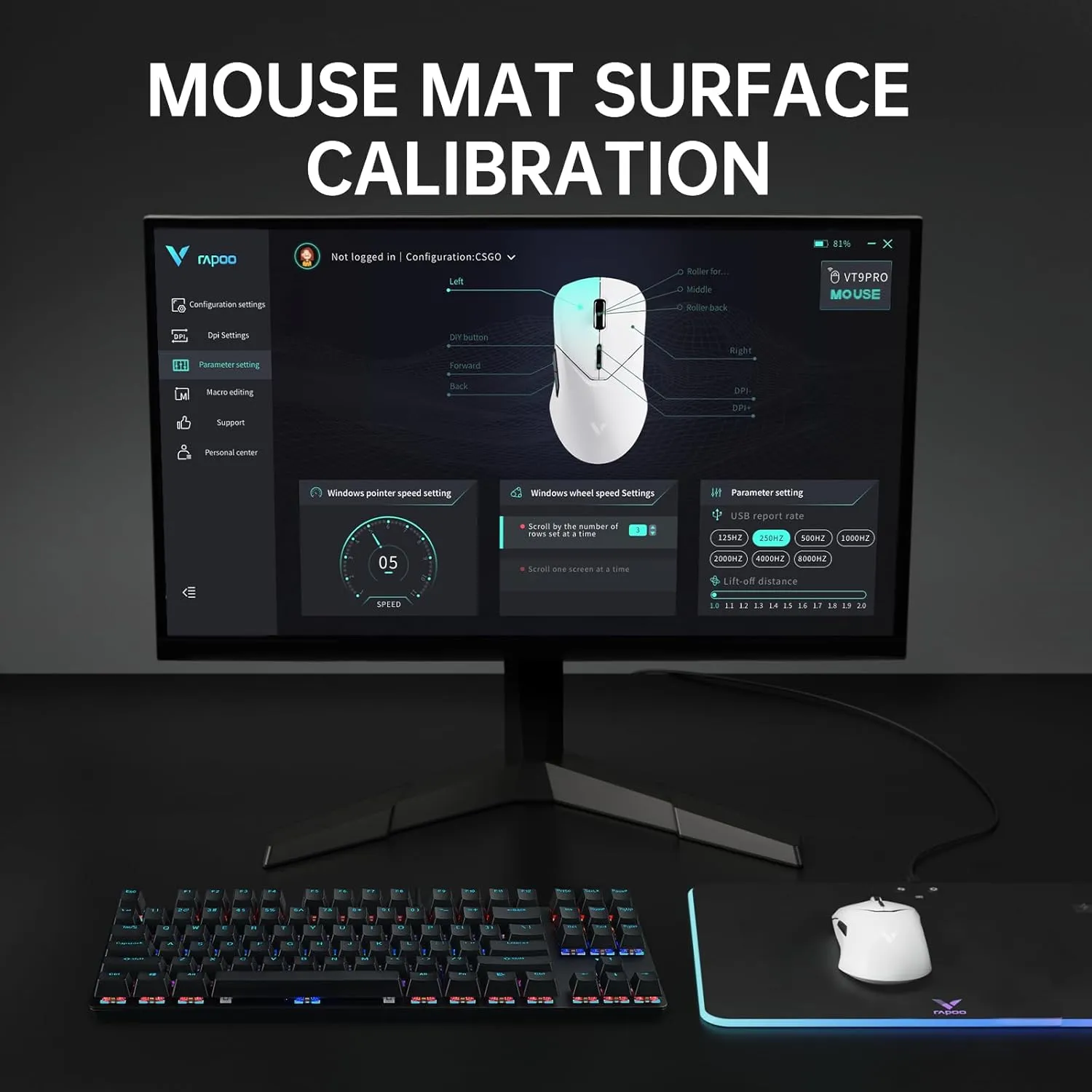 Rapoo VT9PRO 4K Wireless Gaming Mouse, PAW 3398 Sensor, 26000 DPI, 4KHz Polling Rate, 0.25ms Response Time, Lightweight, 10 Programmable Buttons, 180h Battery Life, On-Board Memory, PC - White