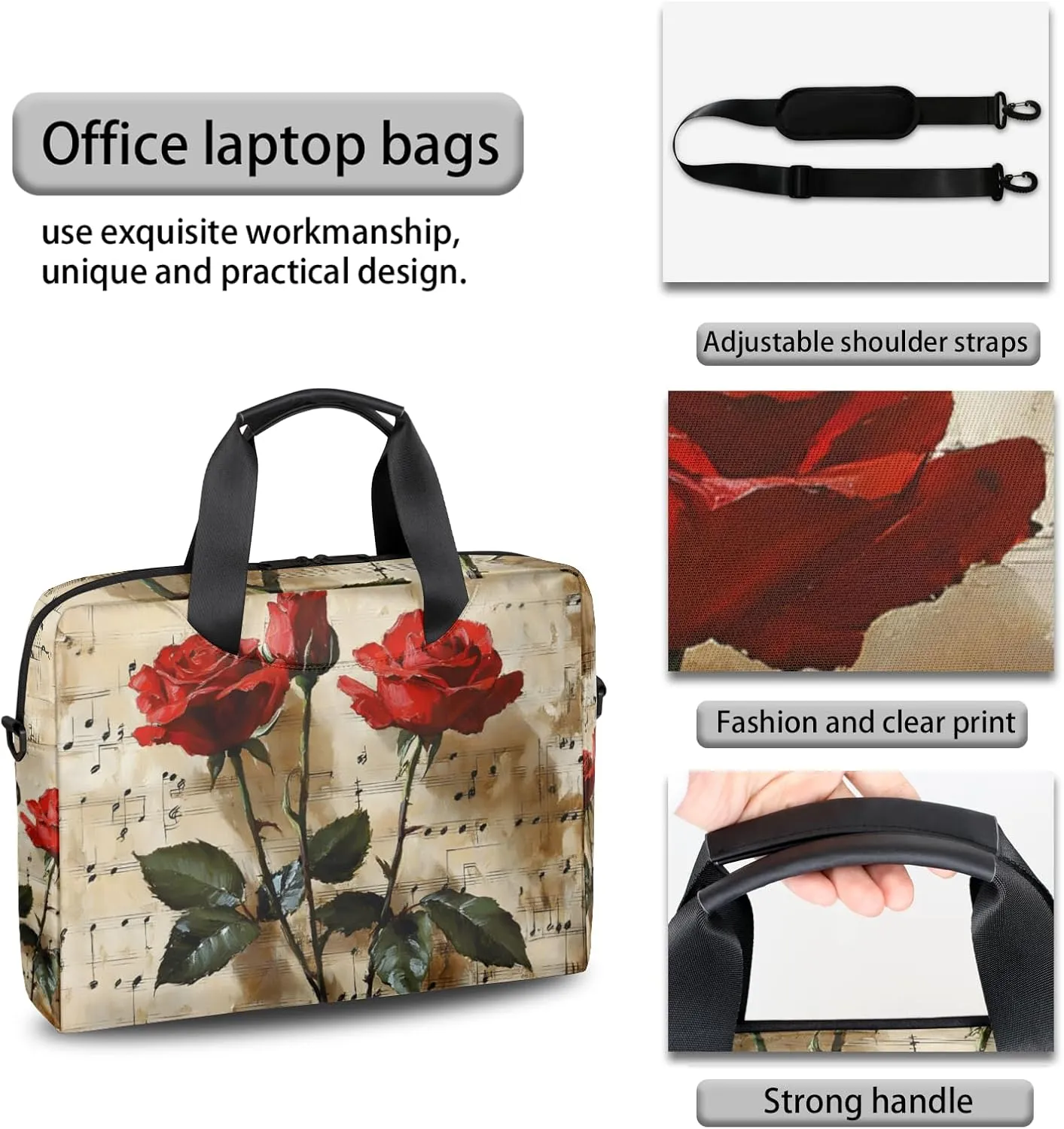 Red Rose Laptop Bag for 14 15 15.6 Inch, Waterproof Laptop Sleeve Case Computer Cover Carrying Bag Travel Work Briefcase Shoulder Bags