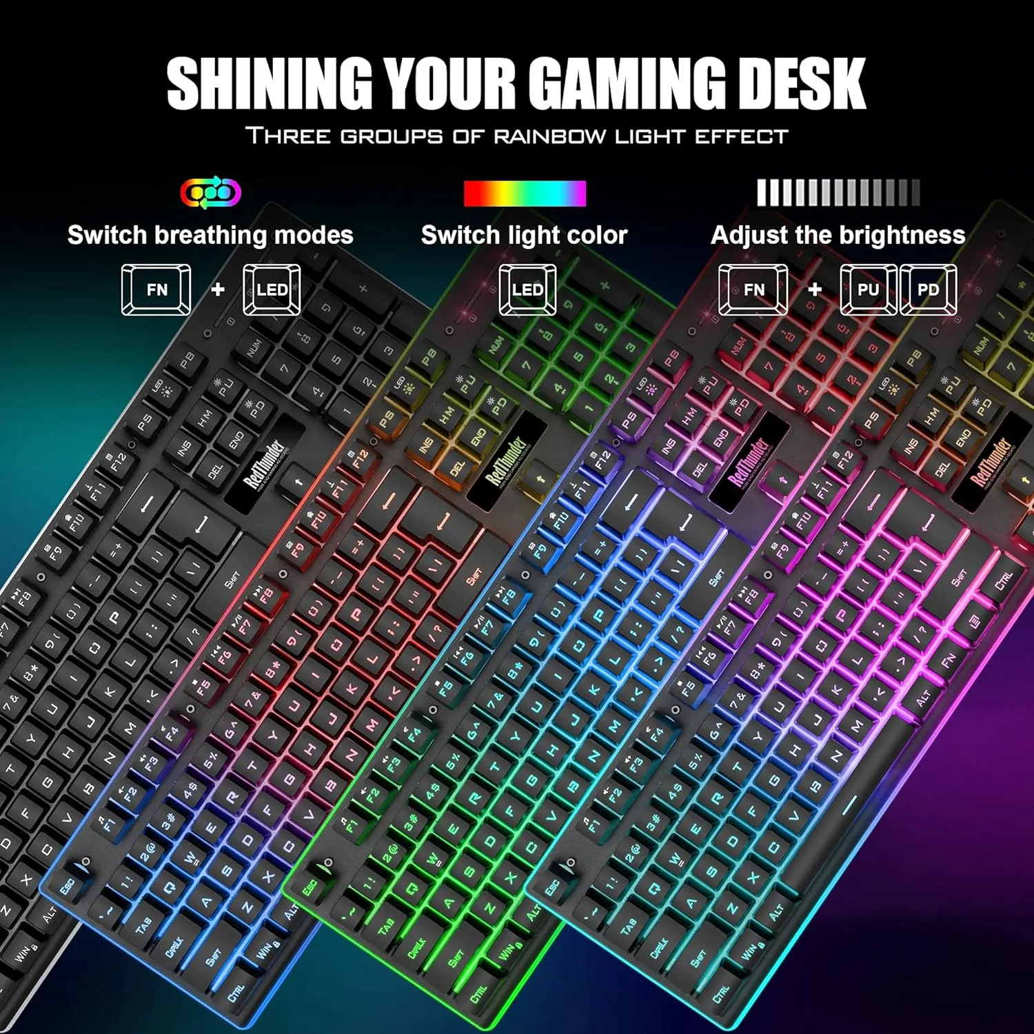 RedThunder K10 Wireless Gaming Keyboard and Mouse Combo, LED Backlit Rechargeable 3800mAh Battery, Mechanical Feel Anti-ghosting Keyboard   7D 3200DPI Mice for PC Gamer (Black)