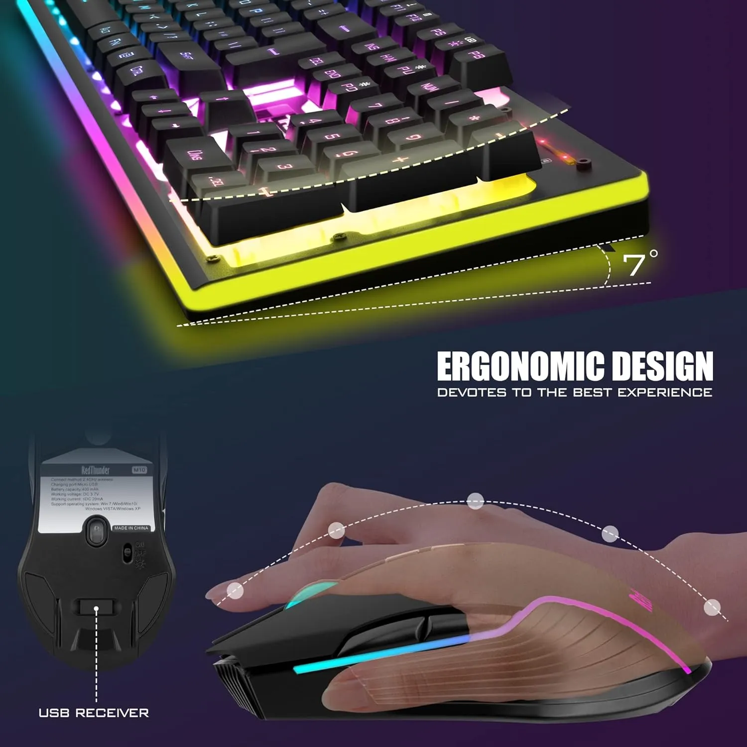 RedThunder K10 Wireless Gaming Keyboard and Mouse Combo, LED Backlit Rechargeable 3800mAh Battery, Mechanical Feel Anti-ghosting Keyboard   7D 3200DPI Mice for PC Gamer (Black)