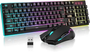 RedThunder K10 Wireless Gaming Keyboard and Mouse Combo, LED Backlit Rechargeable 3800mAh Battery, Mechanical Feel Anti-ghosting Keyboard   7D 3200DPI Mice for PC Gamer (Black)
