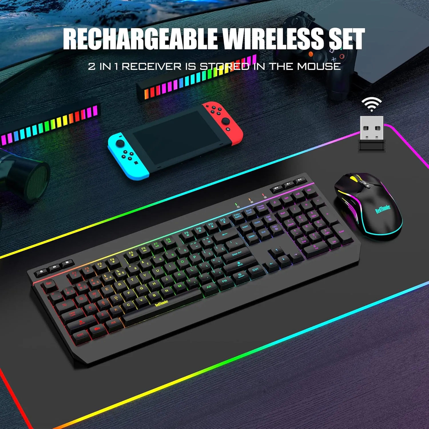 RedThunder K20 Wireless Keyboard and Mouse Combo, Full Size Anti-Ghosting Keyboard with Multimedia Keys   7D 4800DPI Optical Mice, Rechargeable RGB Gaming/Office Set for PC Laptop Mac Xbox (Black)
