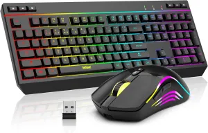 RedThunder K20 Wireless Keyboard and Mouse Combo, Full Size Anti-Ghosting Keyboard with Multimedia Keys   7D 4800DPI Optical Mice, Rechargeable RGB Gaming/Office Set for PC Laptop Mac Xbox (Black)