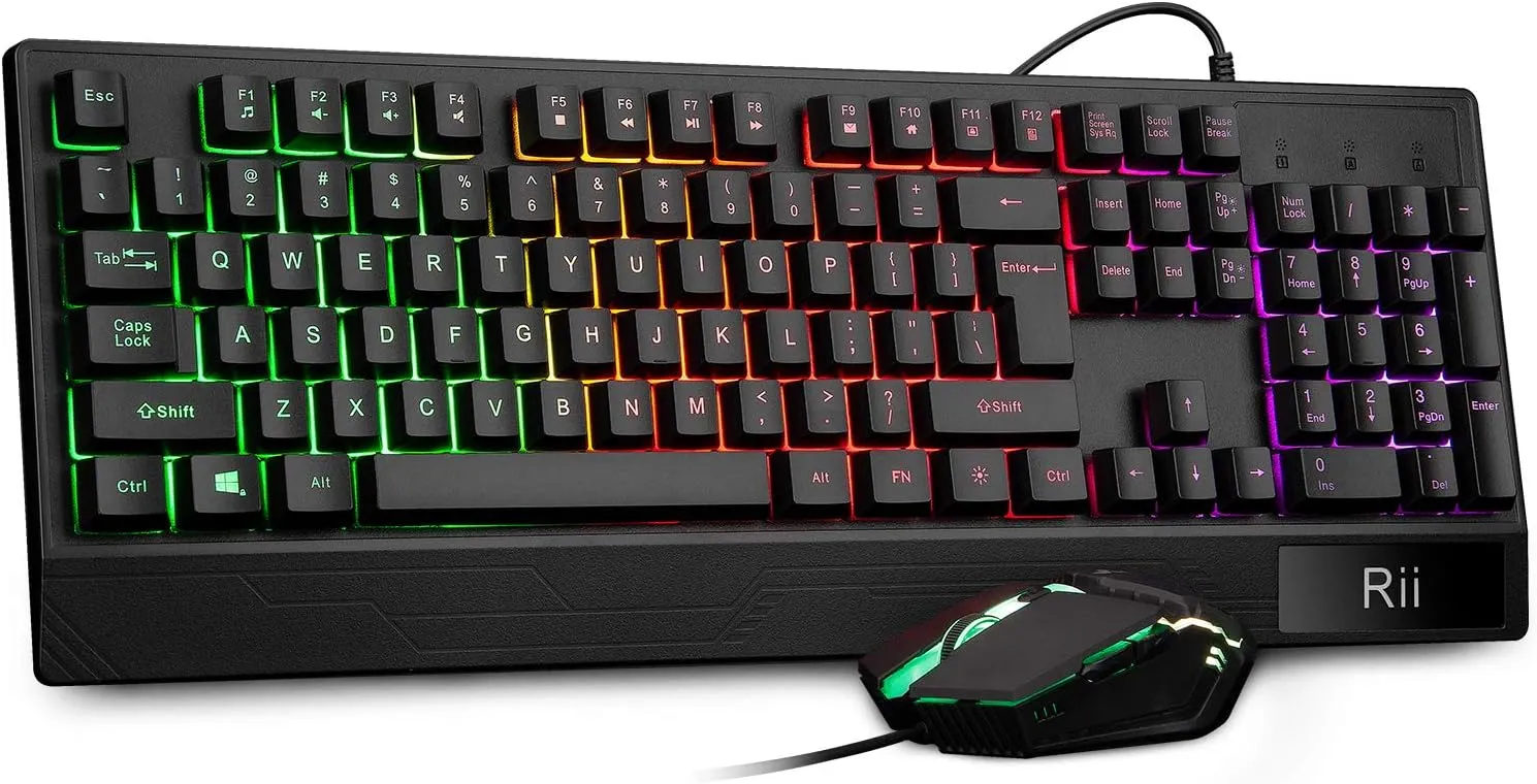 Rii RK400 RGB Gaming Keyboard and Mouse Combo ,Wired Mechanical Feel 3-LED Backlit Keyboard,104 Keys USB Ergonomic Wrist Rest Keyboard,6 Button RGB Mouse for Windows Gamer Desktop, Computer (Black)