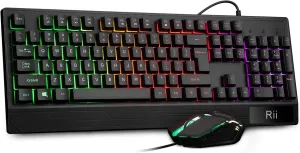 Rii RK400 RGB Gaming Keyboard and Mouse Combo ,Wired Mechanical Feel 3-LED Backlit Keyboard,104 Keys USB Ergonomic Wrist Rest Keyboard,6 Button RGB Mouse for Windows Gamer Desktop, Computer (Black)