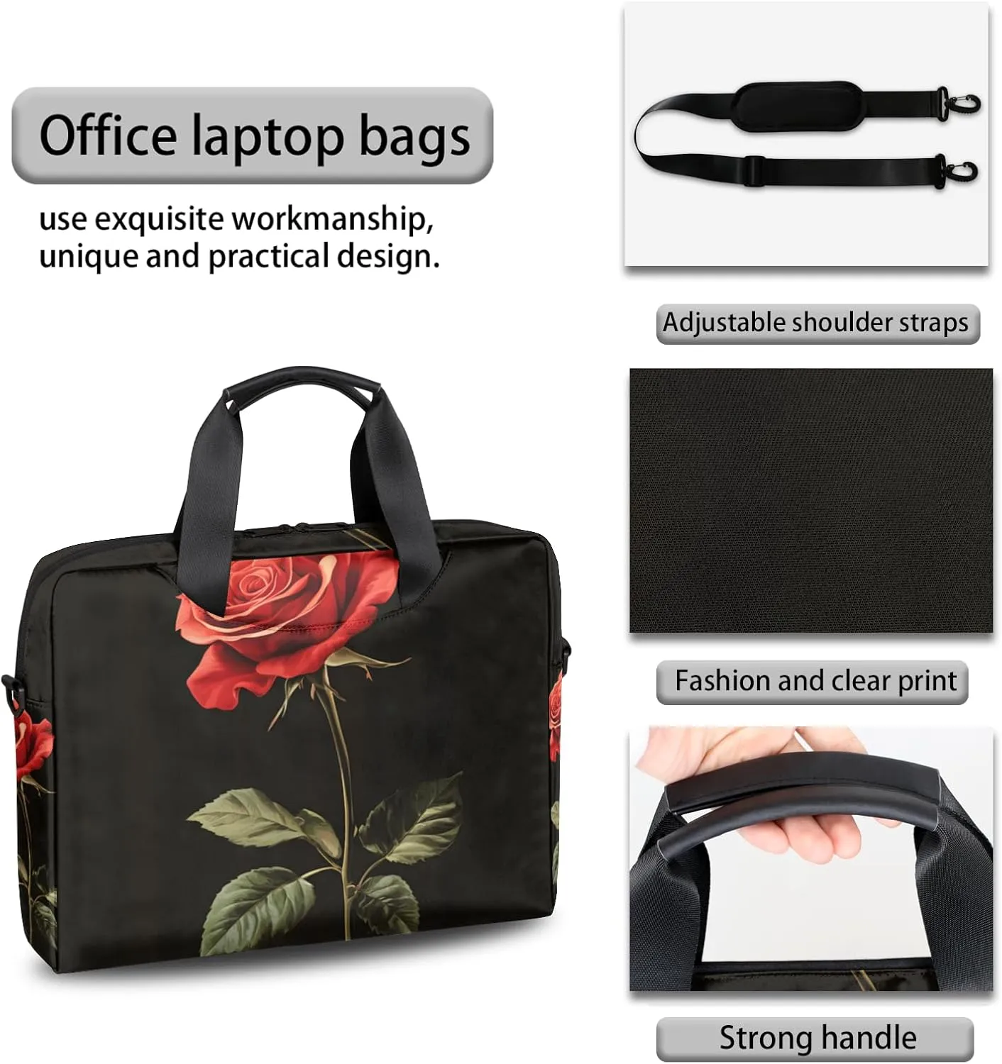 Rose Laptop Bag for 14 15 15.6 Inch, Waterproof Laptop Sleeve Case Computer Cover Carrying Bag Travel Work Briefcase Shoulder Bags