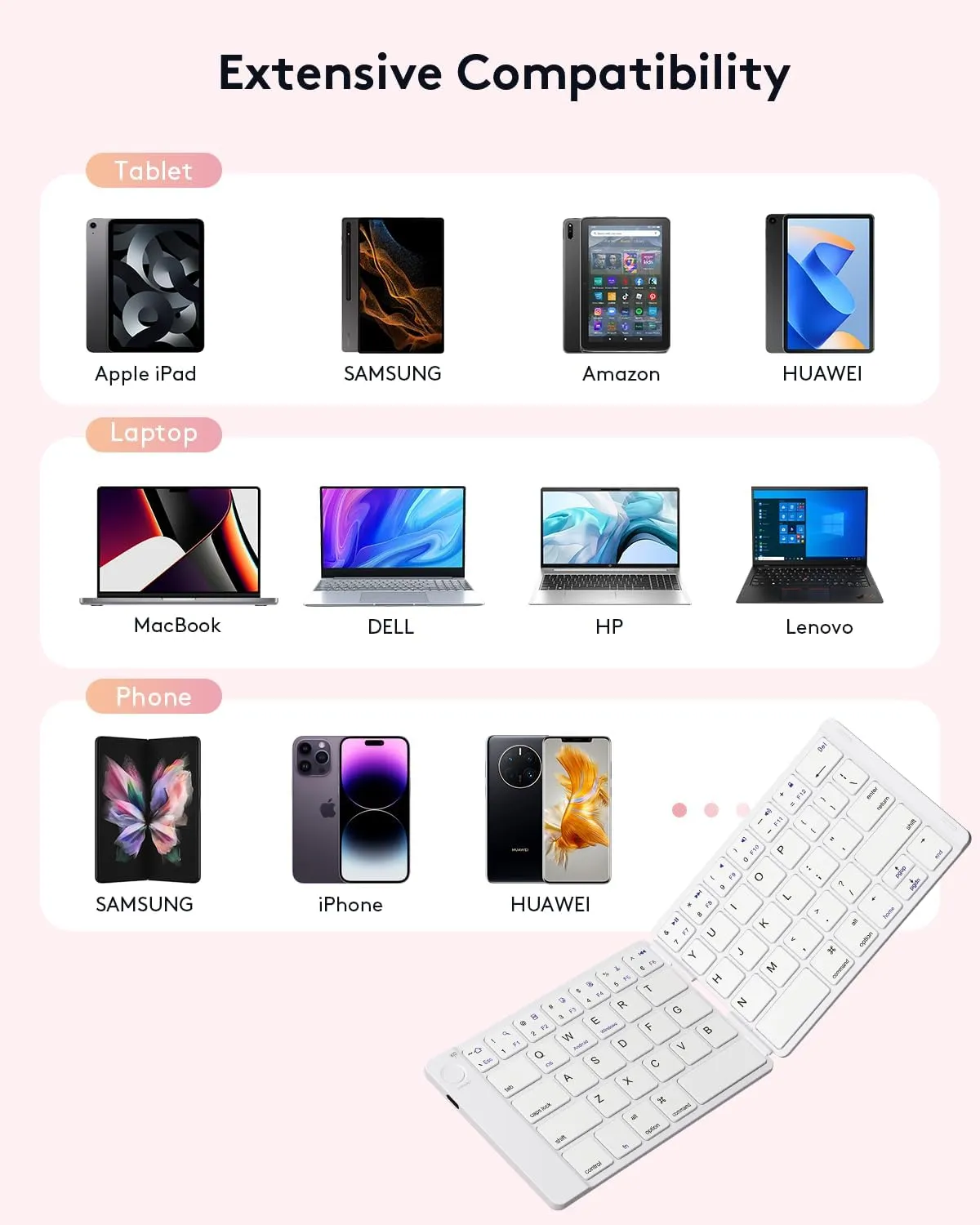 Samsers Foldable Bluetooth Keyboard - Portable Wireless Keyboards with Stand Holder, Rechargeable Full Size Ultra Slim Folding for iOS Android Windows Smartphone Tablet and Laptop, White-Pink