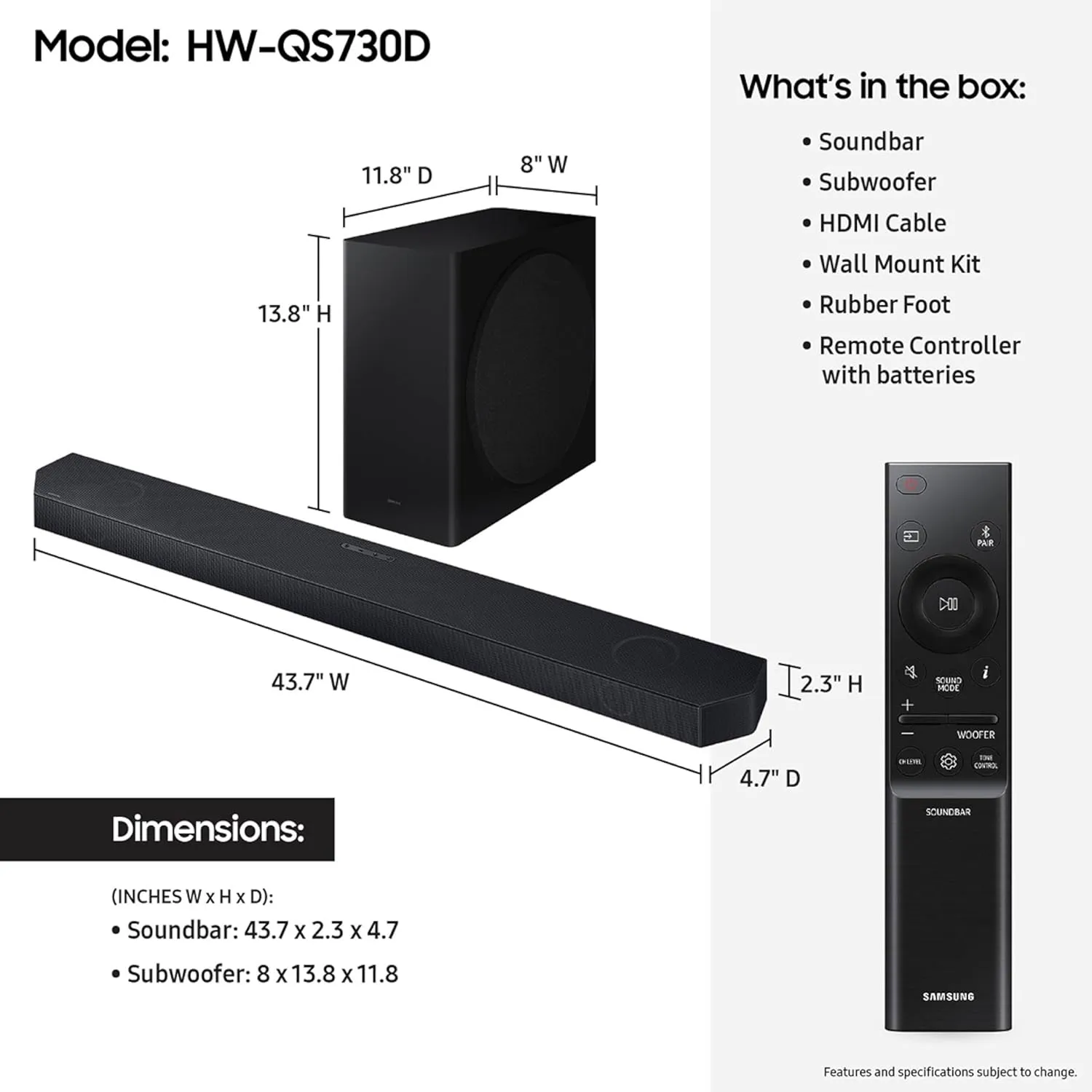Samsung QS730D 3.1.2ch Soundbar w/Wireless Dolby Atmos Audio, Q-Symphony, SpaceFit Sound Pro, Adaptive Sound, Game Mode Pro, Black (Renewed)