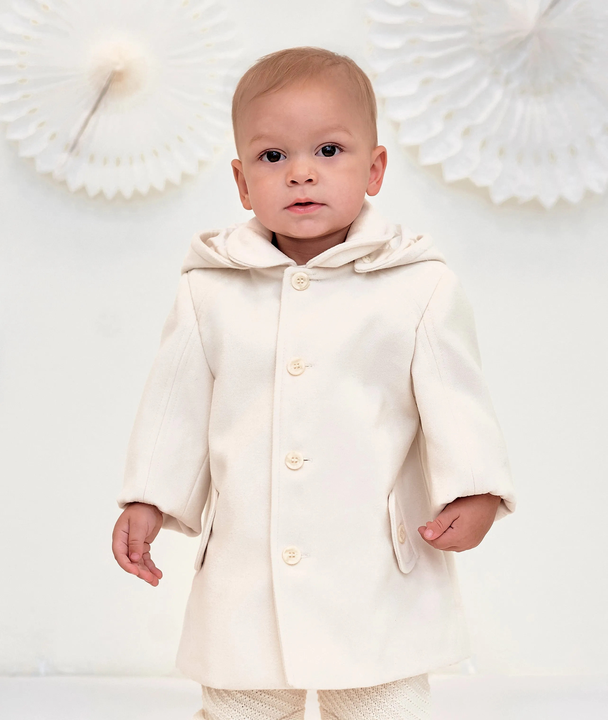 Sarah Louise Boys Hooded Coat in Ivory