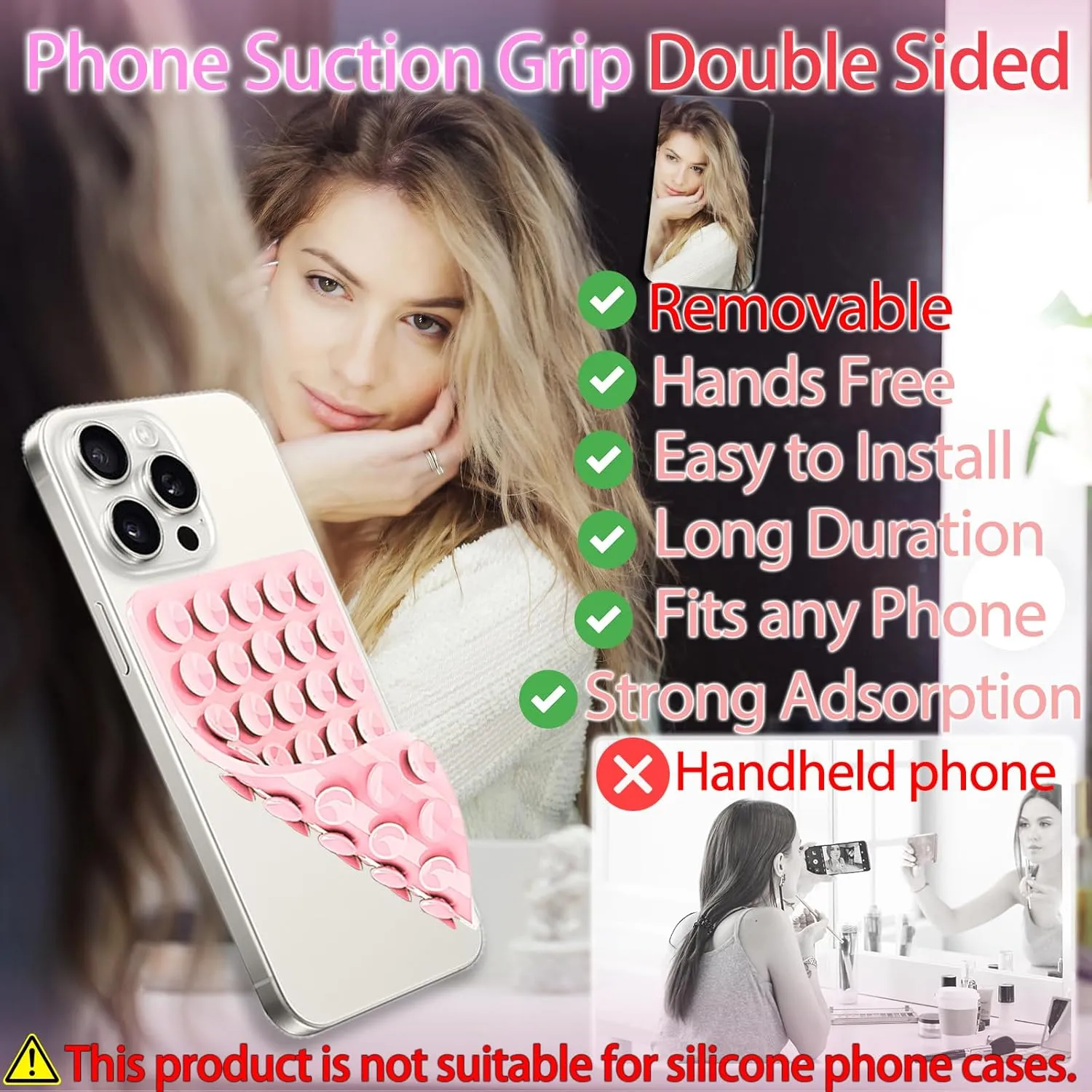 Silicone Suction Cup Phone Case Mount Double Sided, Phone Accessories Hands-Free Strong Grip Holder for Selfies and Videos, Silicon Phone Stand for iPhone and Android Light Pink