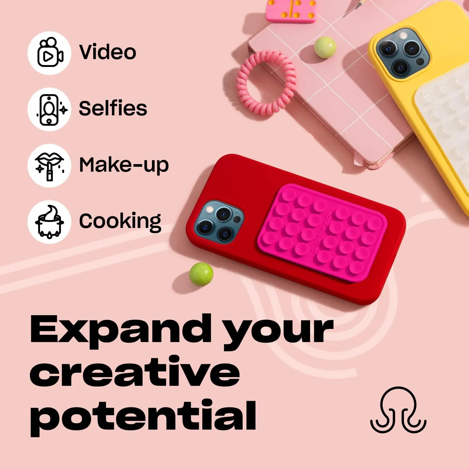 Silicone Suction Phone Case Adhesive Mount - Hands-Free, Strong Grip Holder for Selfies & Videos - Durable, Easy to Use - iPhone & Android Compatible - 2.25 x 3.25, Hot Pink