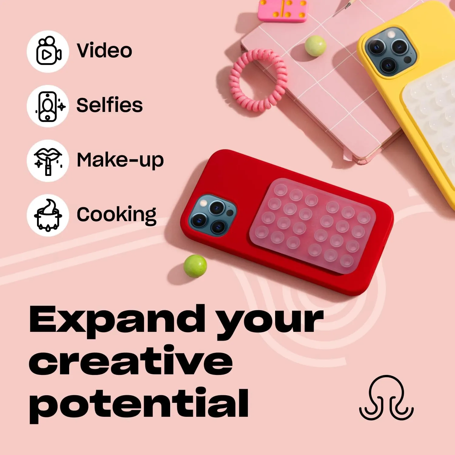 Silicone Suction Phone Case Adhesive Mount - Hands-Free, Strong Grip Holder for Selfies & Videos - Durable, Easy to Use - iPhone & Android Compatible - 2.25 x 3.25, Transparent