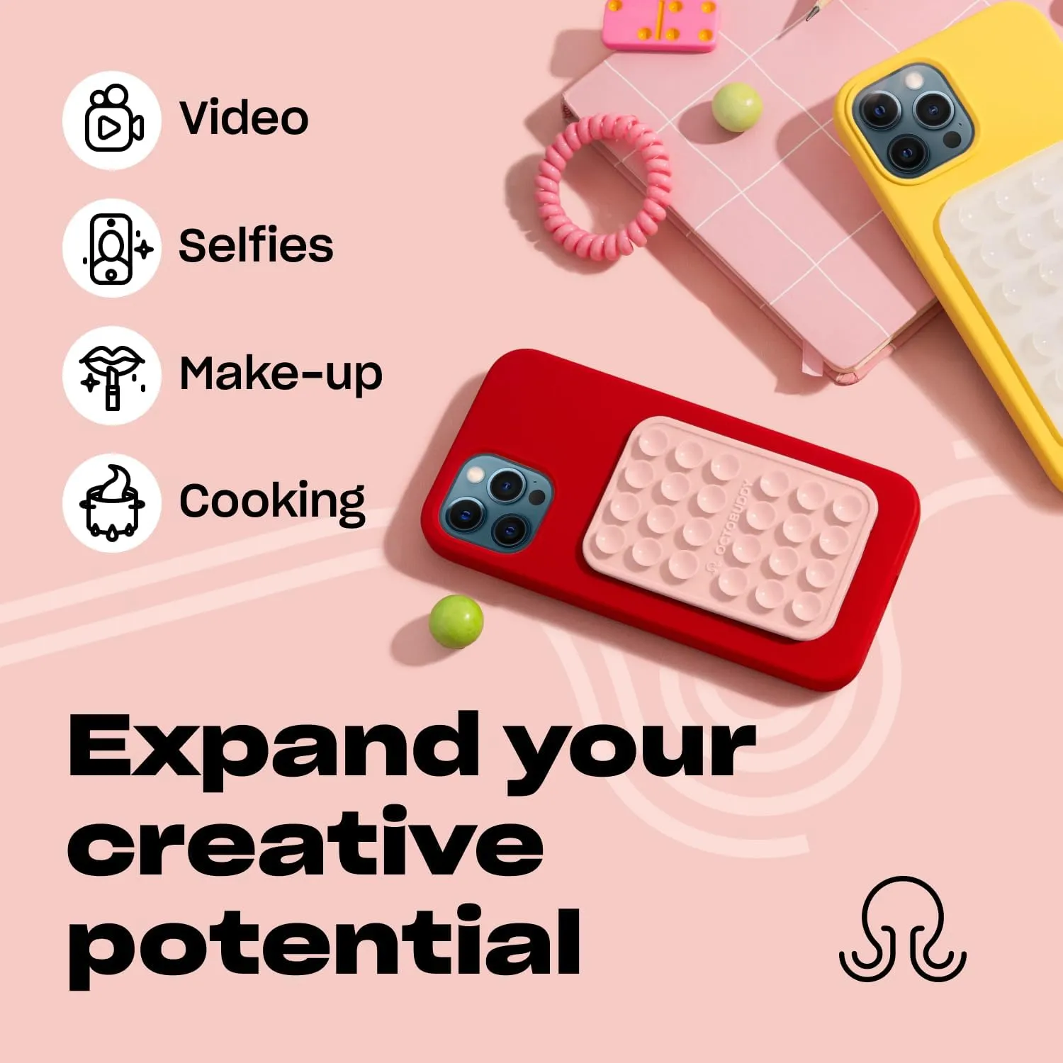 Silicone Suction Phone Case Adhesive Mount - Hands-Free, Strong Grip Holder for Selfies and Videos - Durable, Easy to Use - iPhone and Android Compatible - 2.25 x 3.25, Chalk Pink