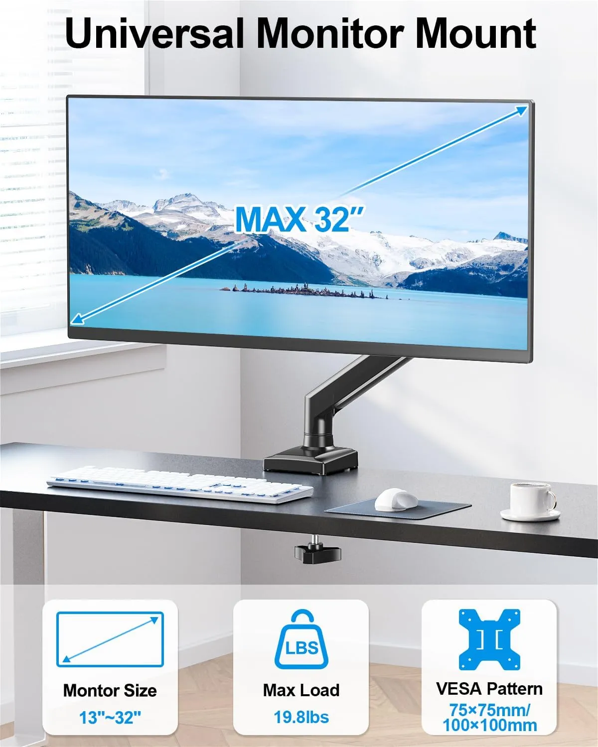 Single Monitor Arm Fits up to 32 Inch, Desk Mount Holds 4.4-19.8lbs Computer Screen, Full Motion Gas Spring, VESA Mount 75x75, 100x100, Freelift