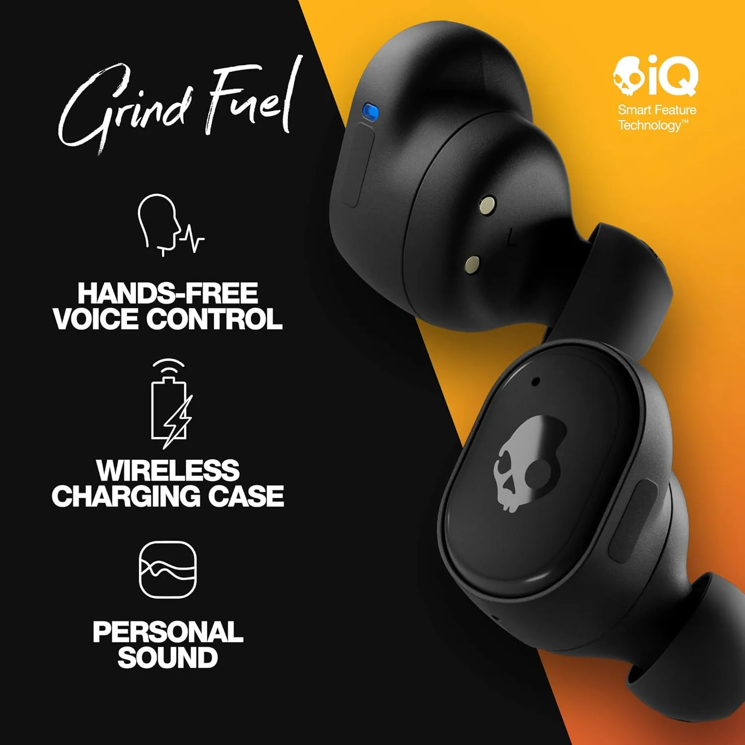 Skullcandy Grind Fuel In-Ear Wireless Earbuds with Wireless Charging, 40 Hr Battery, Skull-iQ, Alexa Enabled, Microphone, Works with iPhone Android and Bluetooth Devices - True Black/Orange