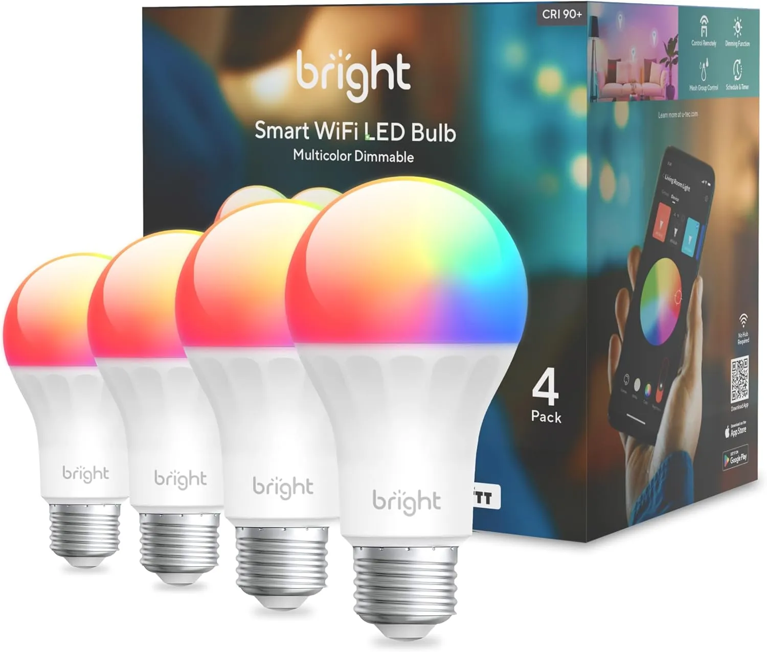 Smart Light Bulbs, 1100 Lumen, 90 CRI WiFi Mesh & Bluetooth Color Changing A19 Light Bulb, 16 Million DIY Colors RGB Light Bulbs, Compatible with Alexa, Google Assistant Home App, 4 Pack