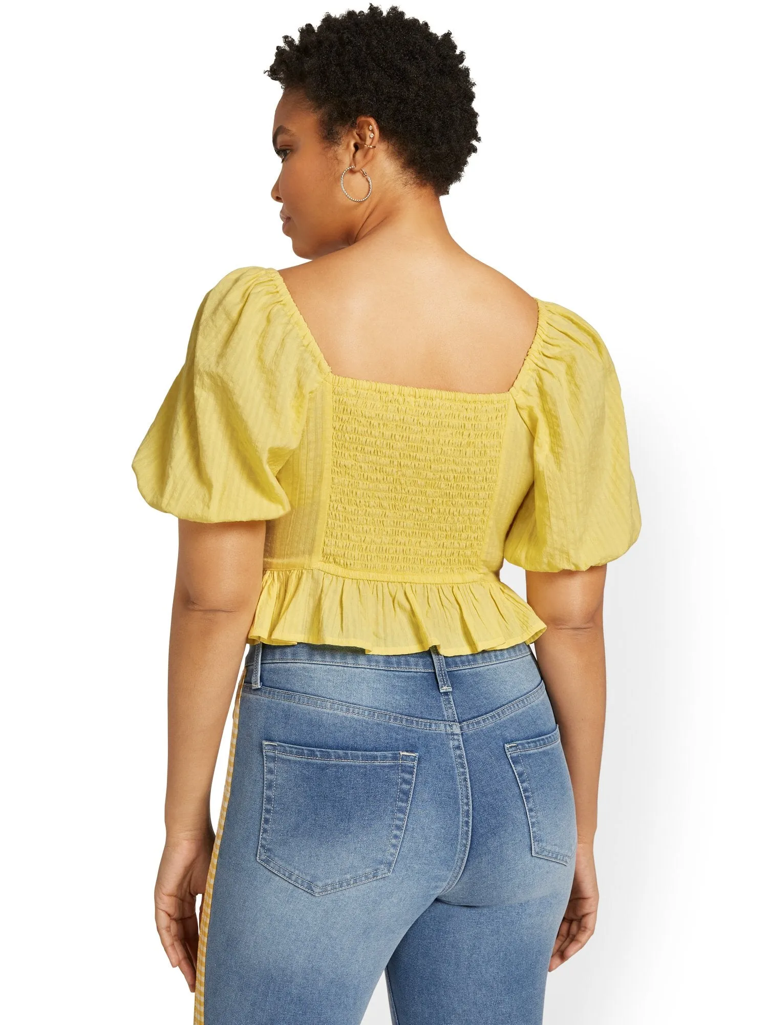 Smocked Puff-Sleeve Peplum Top
