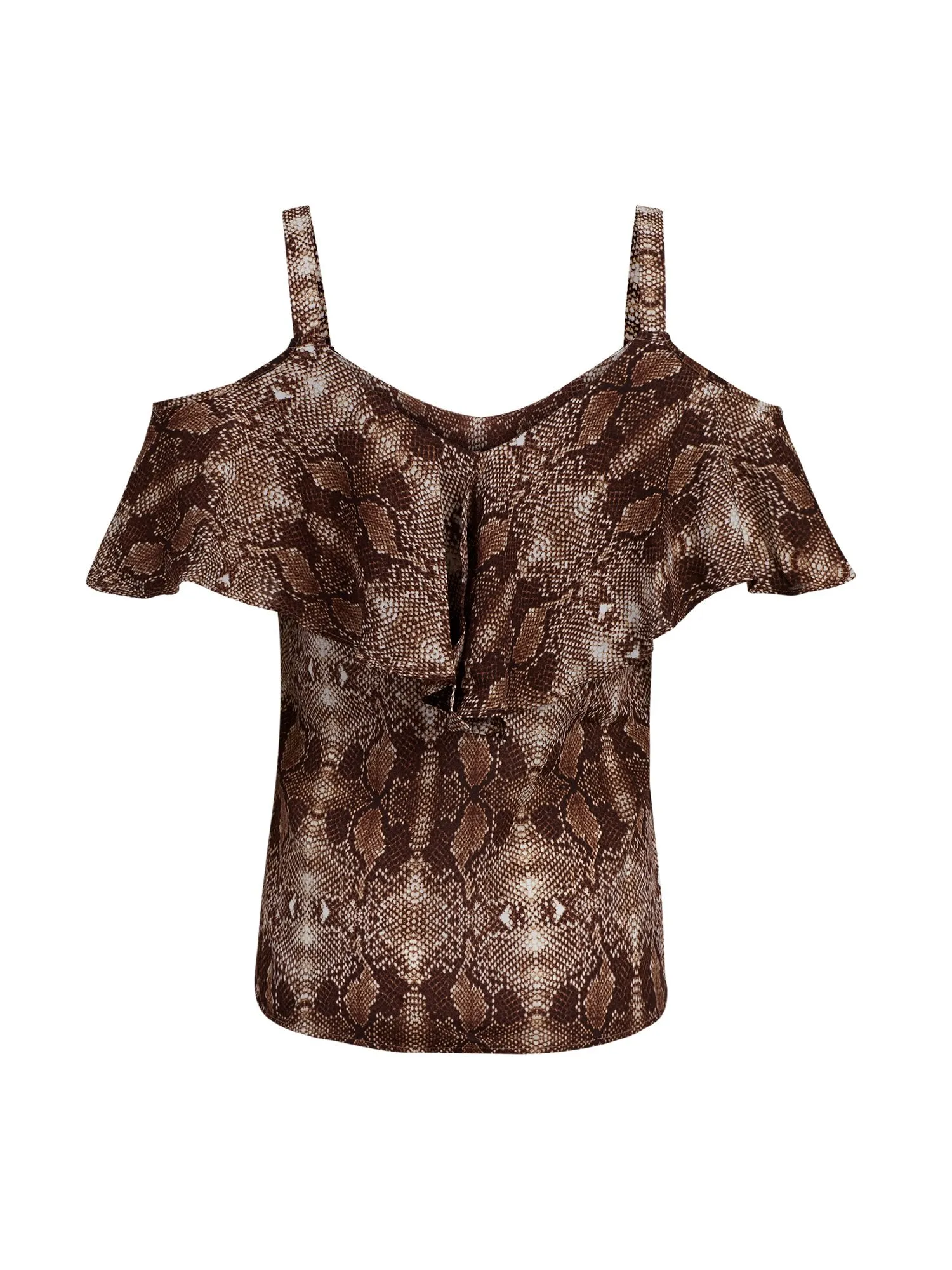 Snake-Print Ruffled Cold-Shoulder Top - 7th Avenue