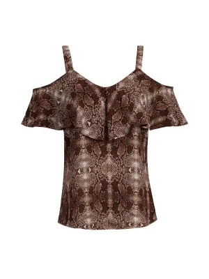 Snake-Print Ruffled Cold-Shoulder Top - 7th Avenue