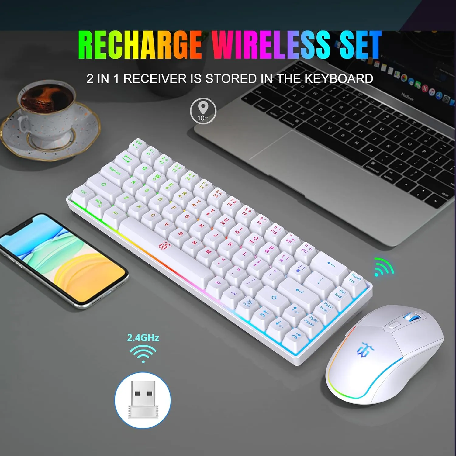 Snpurdiri 60% Wireless Gaming Keyboard and Mouse Combo,LED Backlit Rechargeable 2000mAh Battery,Mini Mechanical Feel Anti-ghosting Keyboard  Popular RGB Gaming Mice for PC Gamer (White)