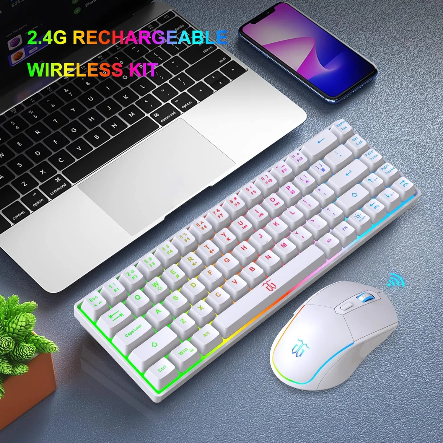 Snpurdiri 60% Wireless Gaming Keyboard and Mouse Combo,LED Backlit Rechargeable 2000mAh Battery,Mini Mechanical Feel Anti-ghosting Keyboard  Popular RGB Gaming Mice for PC Gamer (White)
