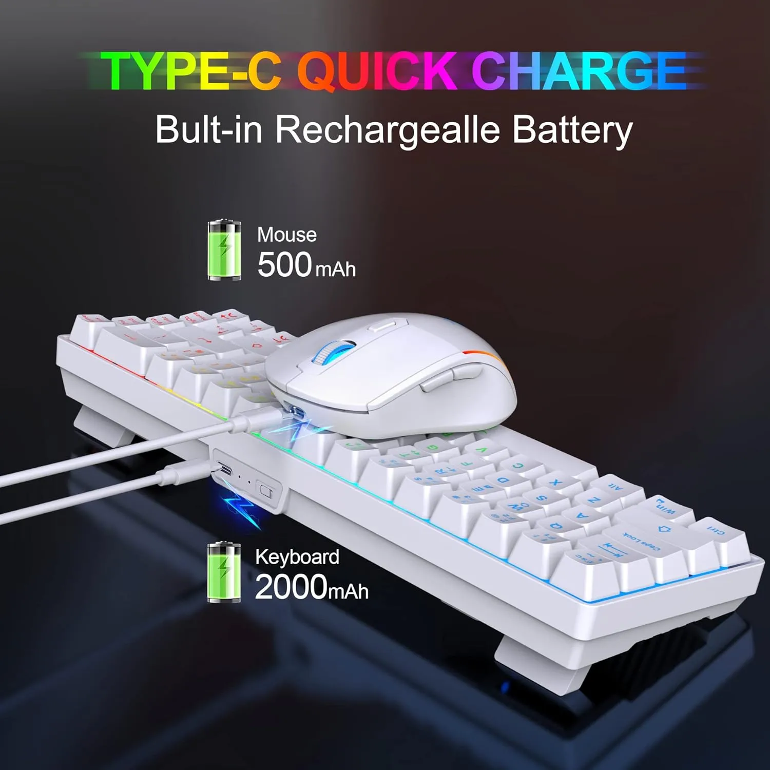 Snpurdiri 60% Wireless Gaming Keyboard and Mouse Combo,LED Backlit Rechargeable 2000mAh Battery,Mini Mechanical Feel Anti-ghosting Keyboard  Popular RGB Gaming Mice for PC Gamer (White)
