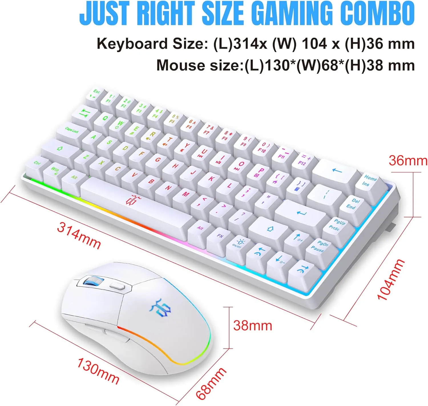 Snpurdiri 60% Wireless Gaming Keyboard and Mouse Combo,LED Backlit Rechargeable 2000mAh Battery,Mini Mechanical Feel Anti-ghosting Keyboard  Popular RGB Gaming Mice for PC Gamer (White)