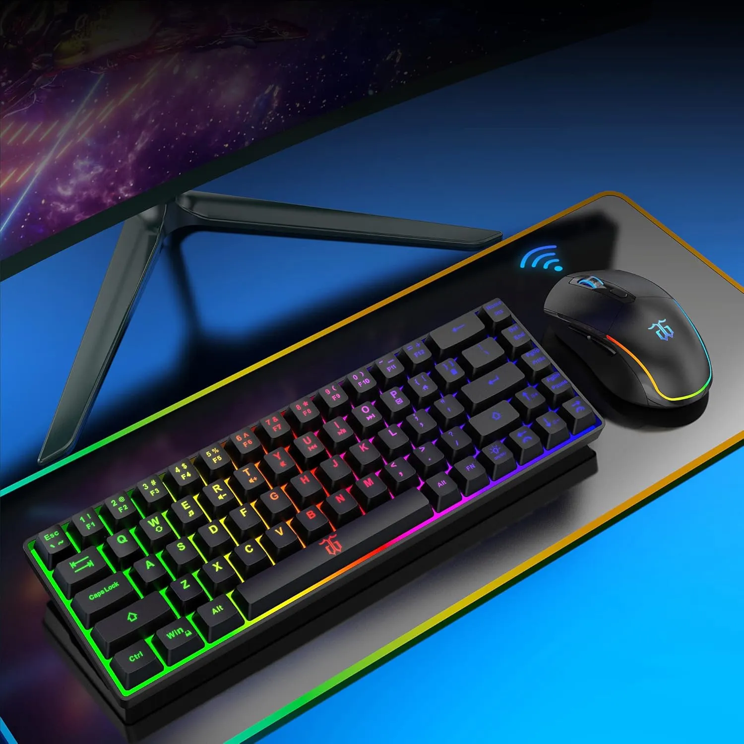 Snpurdiri 60% Wireless Gaming Keyboard and Mouse Combo,LED Backlit Rechargeable 2000mAh Battery,Small Membrane But Mechanical Feel Keyboard   Popular RGB Mice for Gaming,Business Office