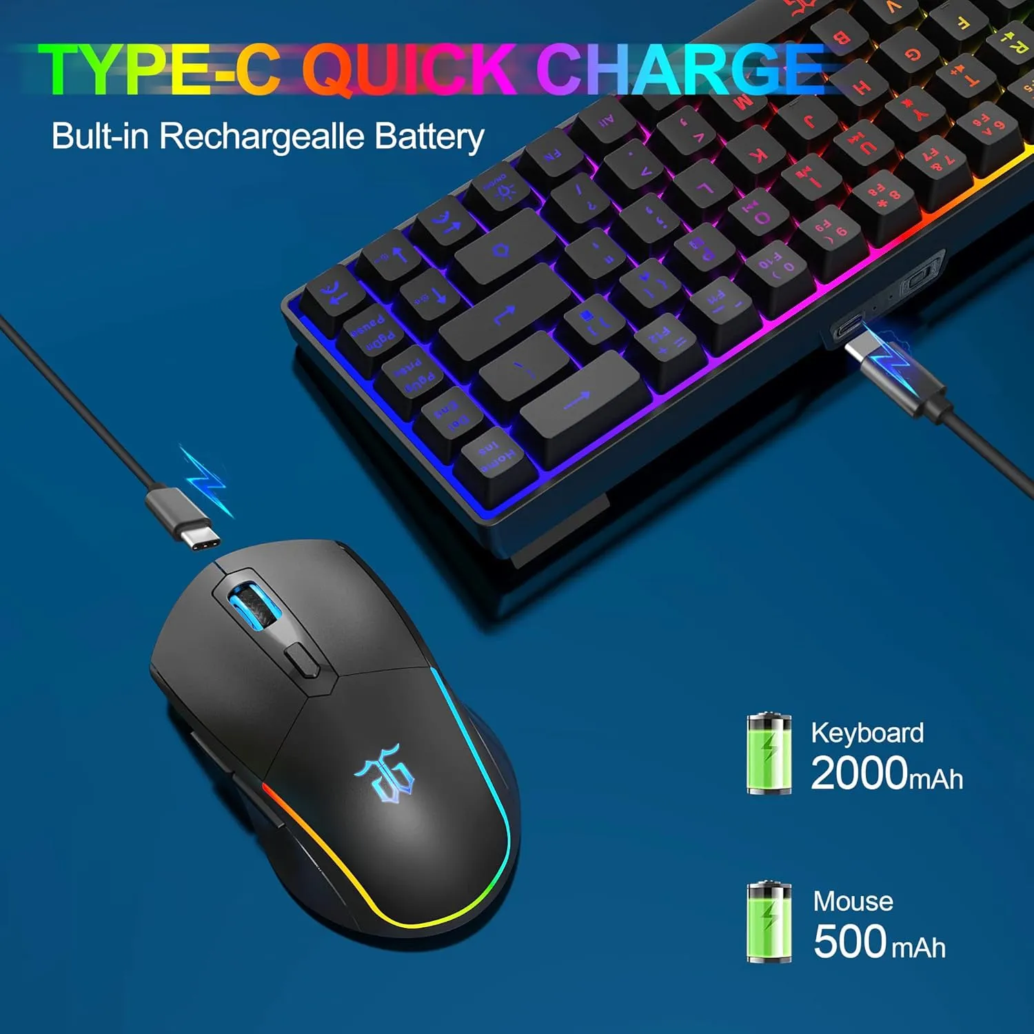 Snpurdiri 60% Wireless Gaming Keyboard and Mouse Combo,LED Backlit Rechargeable 2000mAh Battery,Small Membrane But Mechanical Feel Keyboard   Popular RGB Mice for Gaming,Business Office