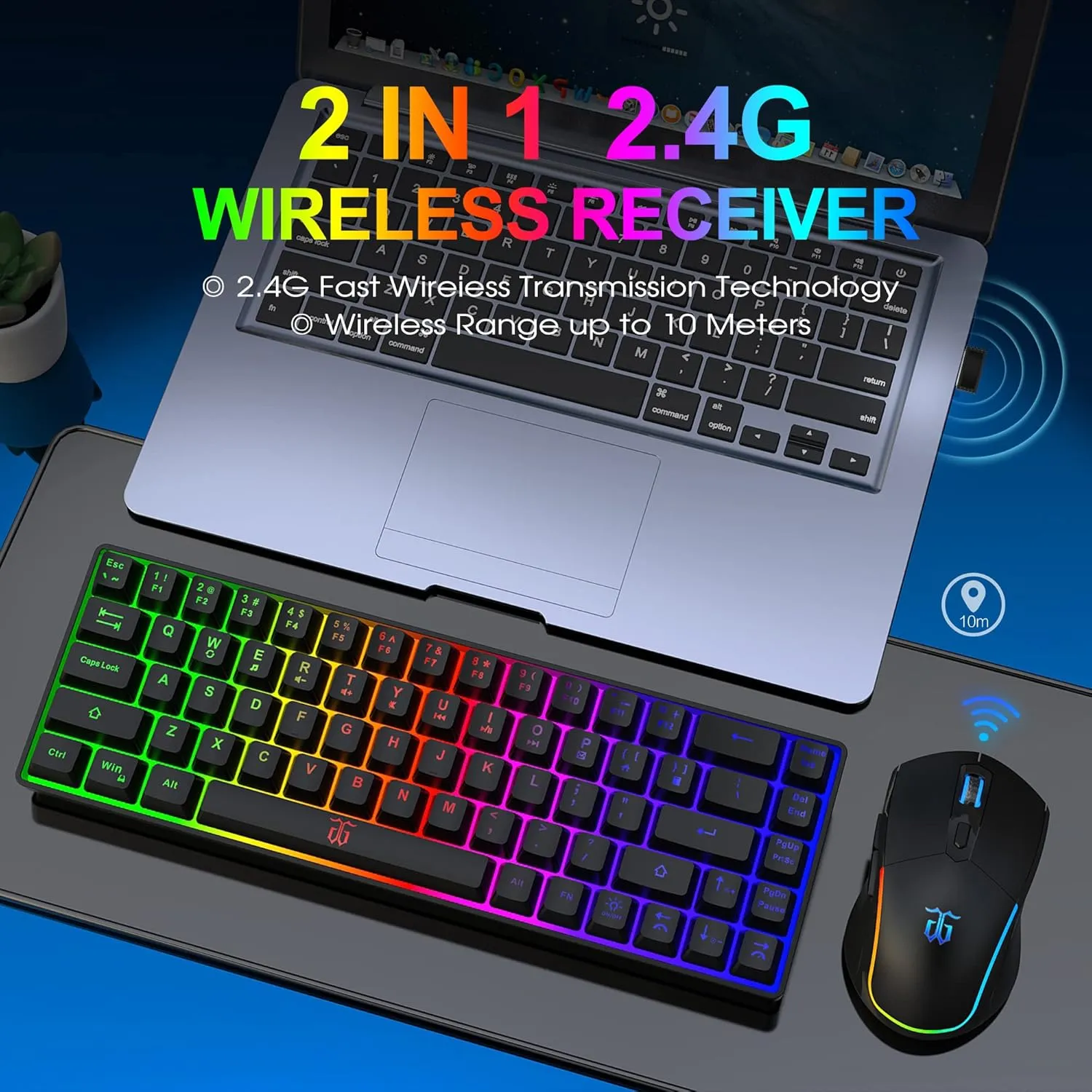 Snpurdiri 60% Wireless Gaming Keyboard and Mouse Combo,LED Backlit Rechargeable 2000mAh Battery,Small Membrane But Mechanical Feel Keyboard   Popular RGB Mice for Gaming,Business Office