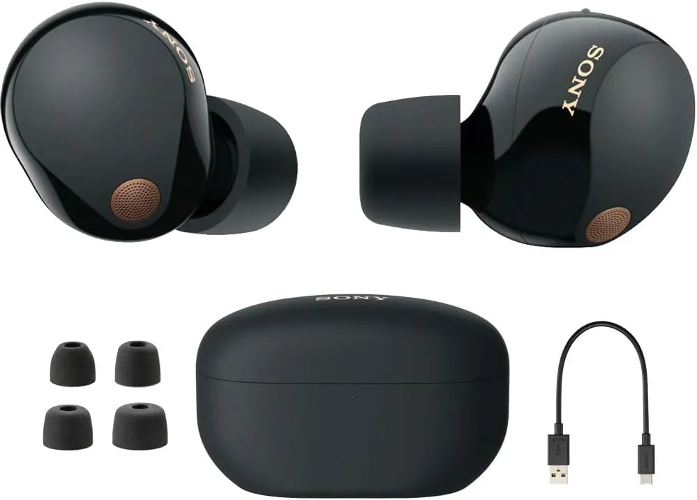 Sony WF-1000XM5 Industry Leading Noise Canceling Truly Wireless Earbuds (Black) Bundle with Silicone Case (Pink), Memory Foam Ear Tips, USB-A to USB-C Cable & 1 YR CPS Enhanced Protection Pack