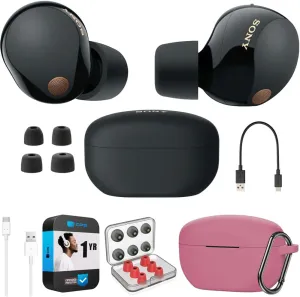 Sony WF-1000XM5 Industry Leading Noise Canceling Truly Wireless Earbuds (Black) Bundle with Silicone Case (Pink), Memory Foam Ear Tips, USB-A to USB-C Cable & 1 YR CPS Enhanced Protection Pack