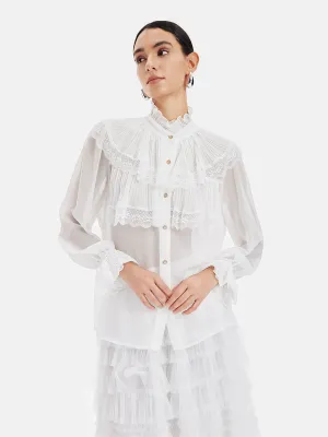 Stand Collar Fleated Lace Blouse