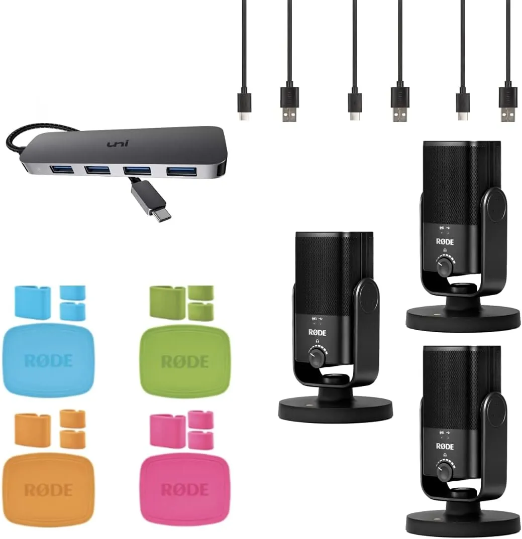 StreamEye Rode Three-Person Podcast and Streaming Bundle with 3X NT-USB Mini, 4-Port Compact USB-C Hub, Rode Color-Coded Caps Polishing Cloth