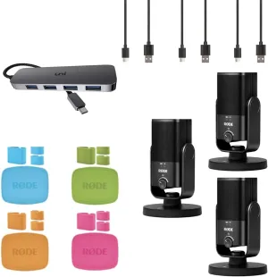 StreamEye Rode Three-Person Podcast and Streaming Bundle with 3X NT-USB Mini, 4-Port Compact USB-C Hub, Rode Color-Coded Caps Polishing Cloth
