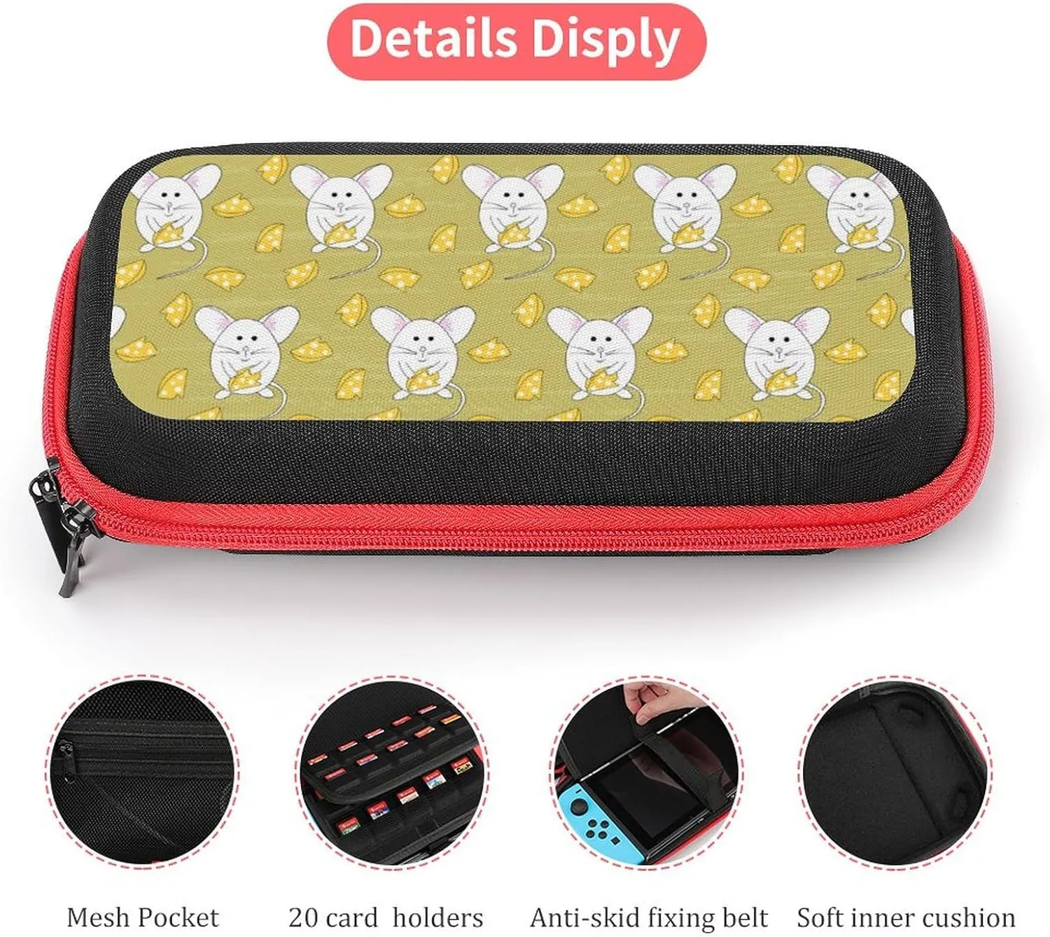 Switch Carrying Case Funny White Mice with Cheese Switch Game Case with 20 Games Cartridges Hard Shell Travel Protection Storage Case for Console & Accessories