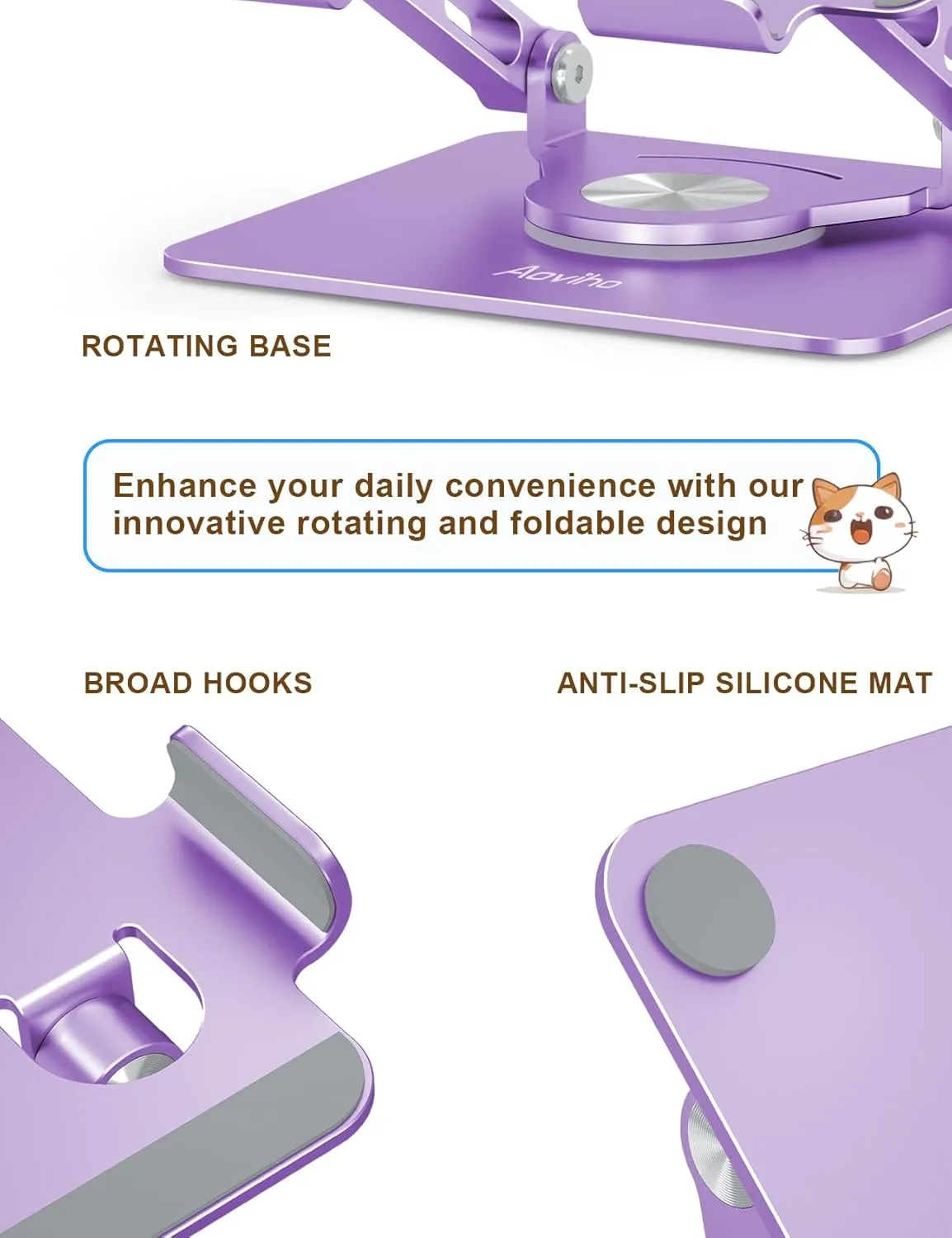 Tablet Stand 360 Rotating Aluminum Holder - Adjustable, Portable & Foldable Monitors Stand for iPads, Compatible with 4-13.3" Tablets, Purple