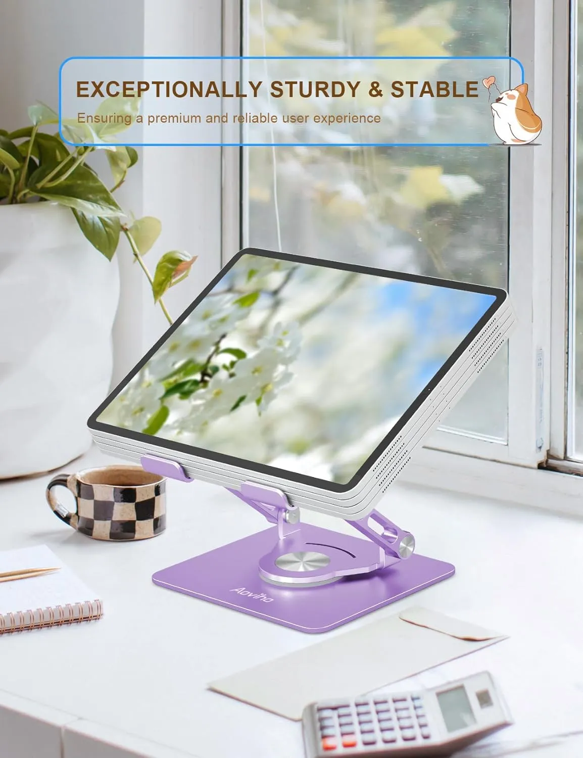 Tablet Stand 360 Rotating Aluminum Holder - Adjustable, Portable & Foldable Monitors Stand for iPads, Compatible with 4-13.3" Tablets, Purple