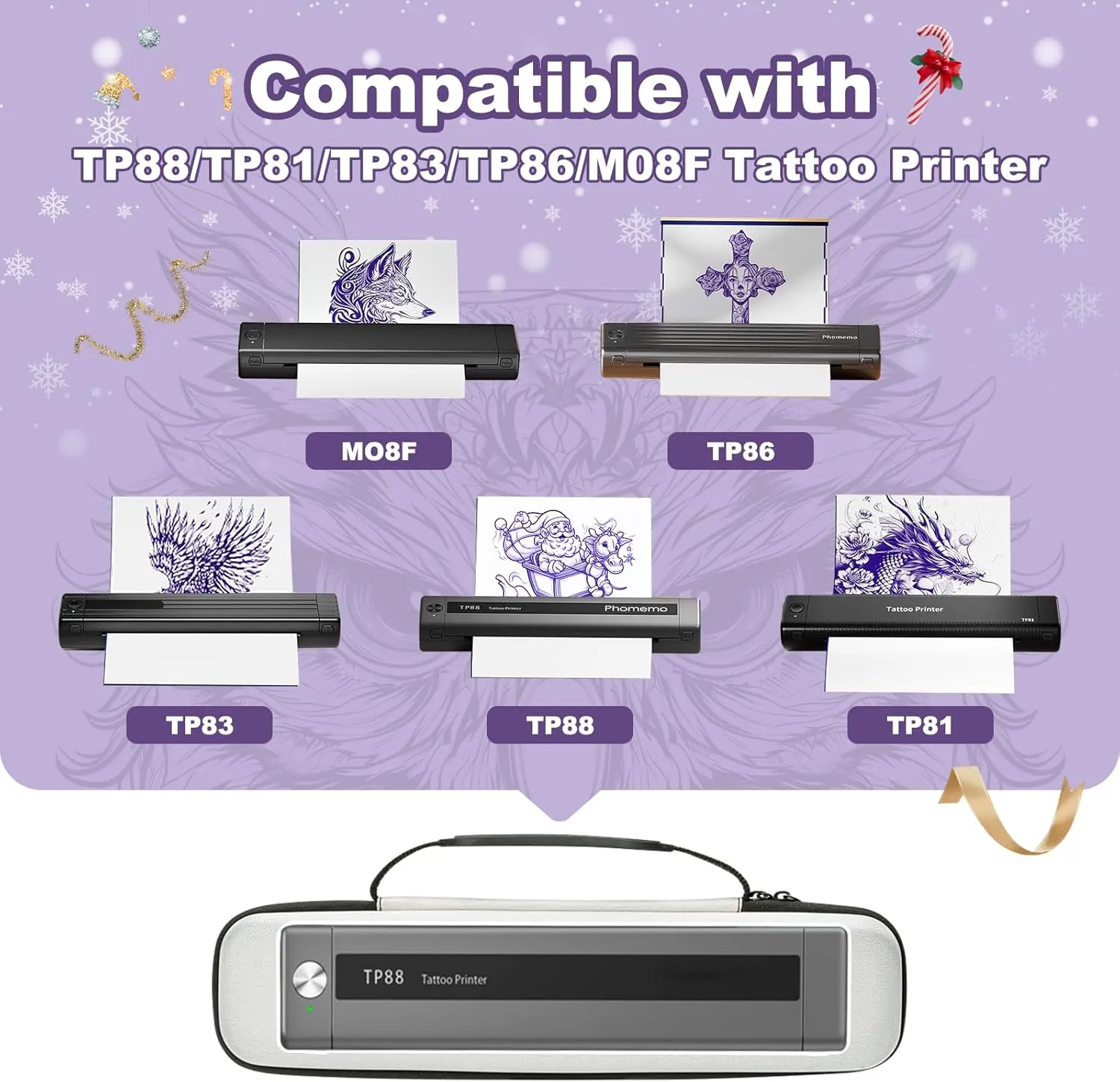 Tattoo Case, Compatible with Phomemo TP88/M08F/TP81/TP83 A4 Portable Printer&Tattoo Machines, for Travel Printer Storage Papers & USB Cable, Shockproof (Case Only), White