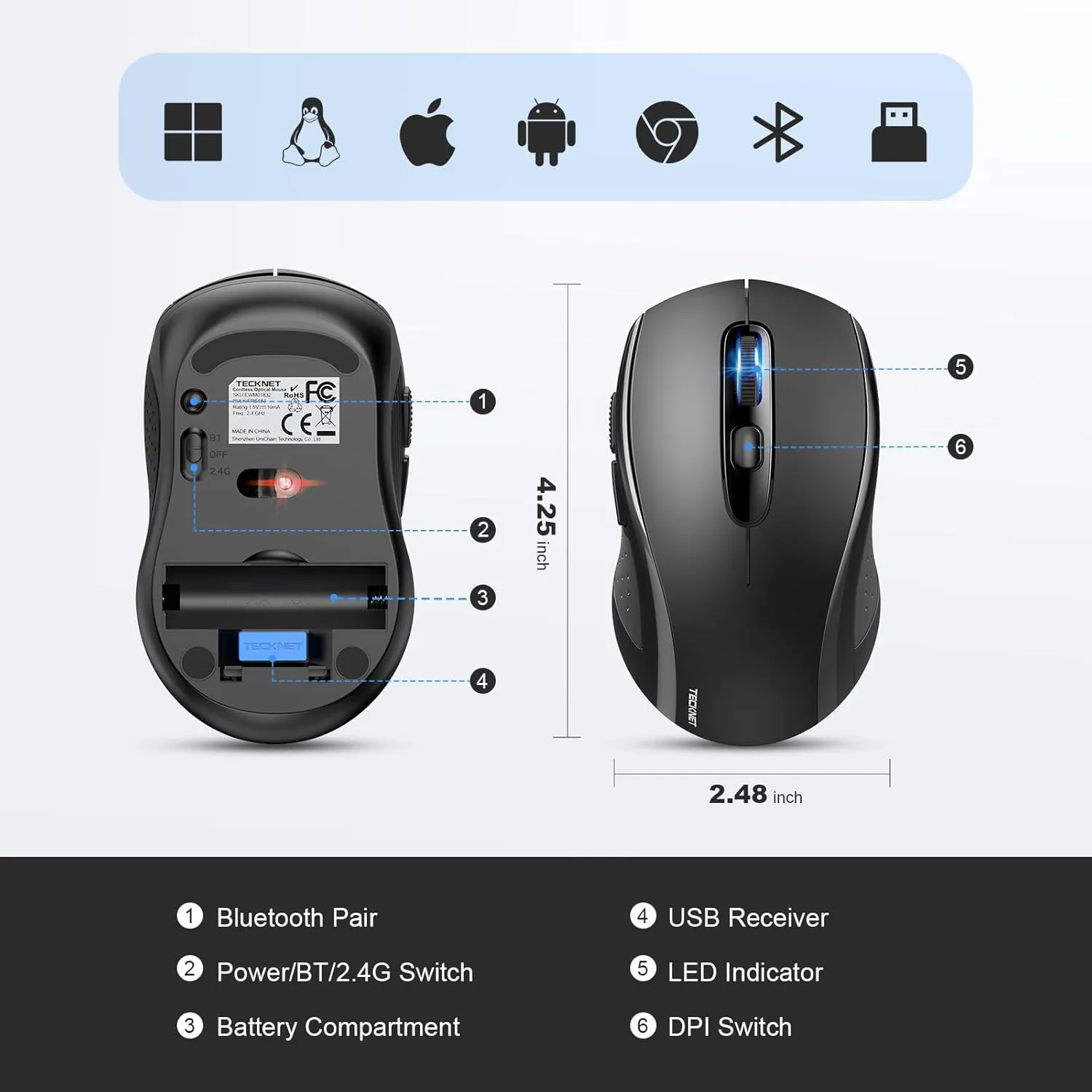 TECKNET Bluetooth Mouse, 4000DPI Wireless Mouse for Laptop 2-in-1(BT 5.0/3.0 2.4Ghz) Computer Portable PC Mice Wireless with USB Receiver for Mac (USB-A Bluetooth, Black)