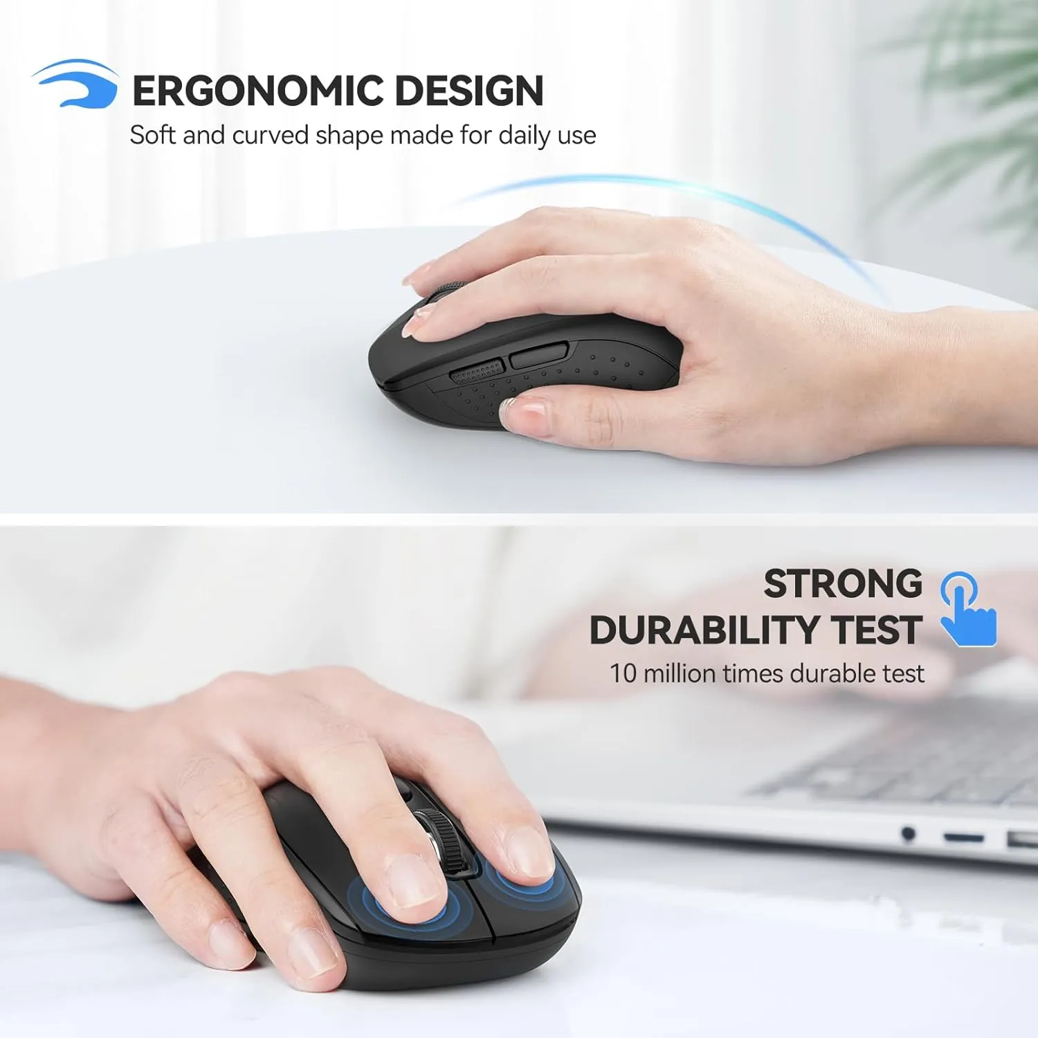 TECKNET Bluetooth Mouse, 4000DPI Wireless Mouse for Laptop 2-in-1(BT 5.0/3.0 2.4Ghz) Computer Portable PC Mice Wireless with USB Receiver for Mac (USB-A Bluetooth, Black)