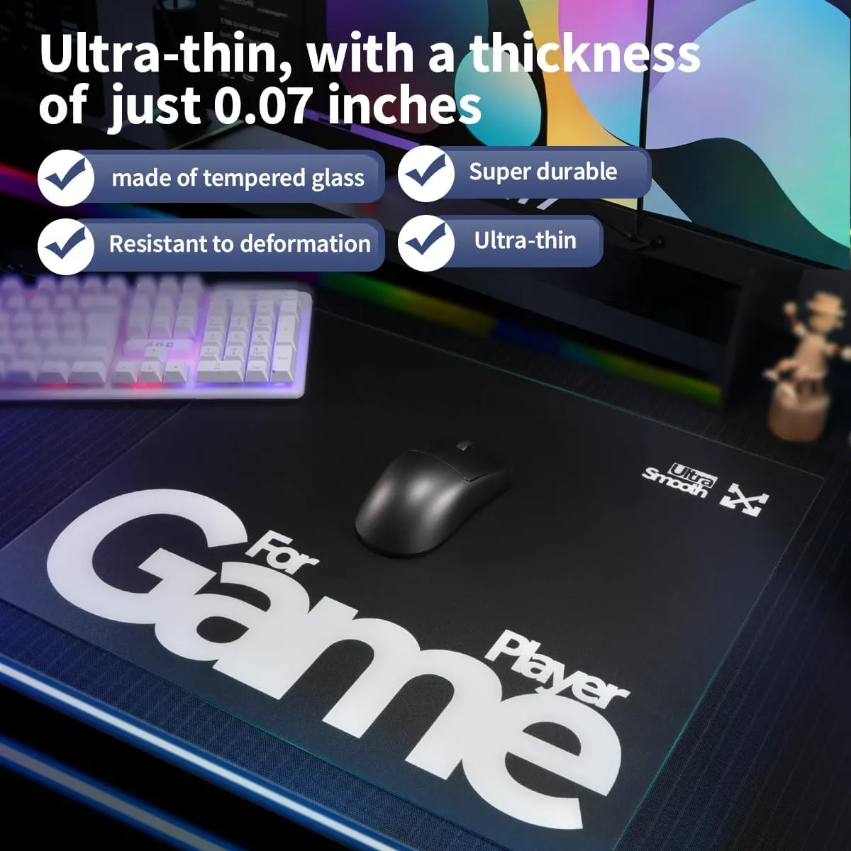 Tempered Glass Gaming Mouse Pad Ultra-Thin Desk Mat Anti-Scratch, Wear-Resistant 400 * 300 * 1.8mm Large Durable Mouse Pads Ultra-Smooth Micro-Etched Surface Anti-Slip Silicone Base (Black)