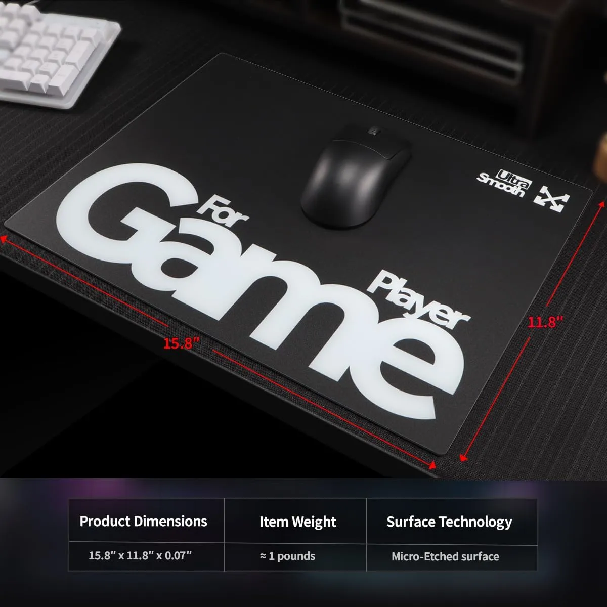 Tempered Glass Gaming Mouse Pad Ultra-Thin Desk Mat Anti-Scratch, Wear-Resistant 400 * 300 * 1.8mm Large Durable Mouse Pads Ultra-Smooth Micro-Etched Surface Anti-Slip Silicone Base (Black)