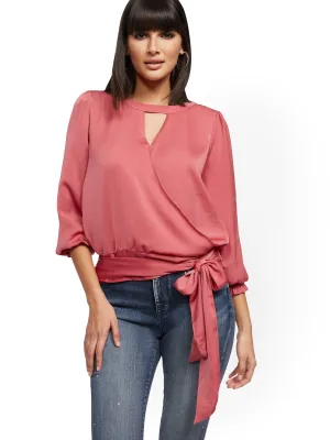 Tie-Front Keyhole Wrap Blouse