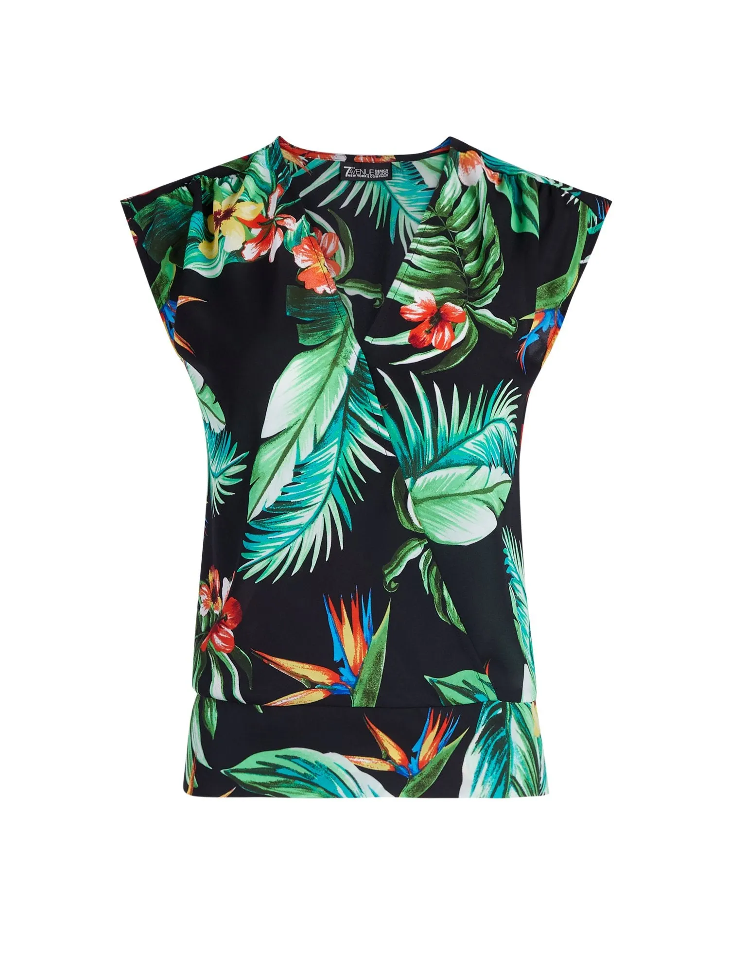 Tropical-Print Smocked Wrap Blouse