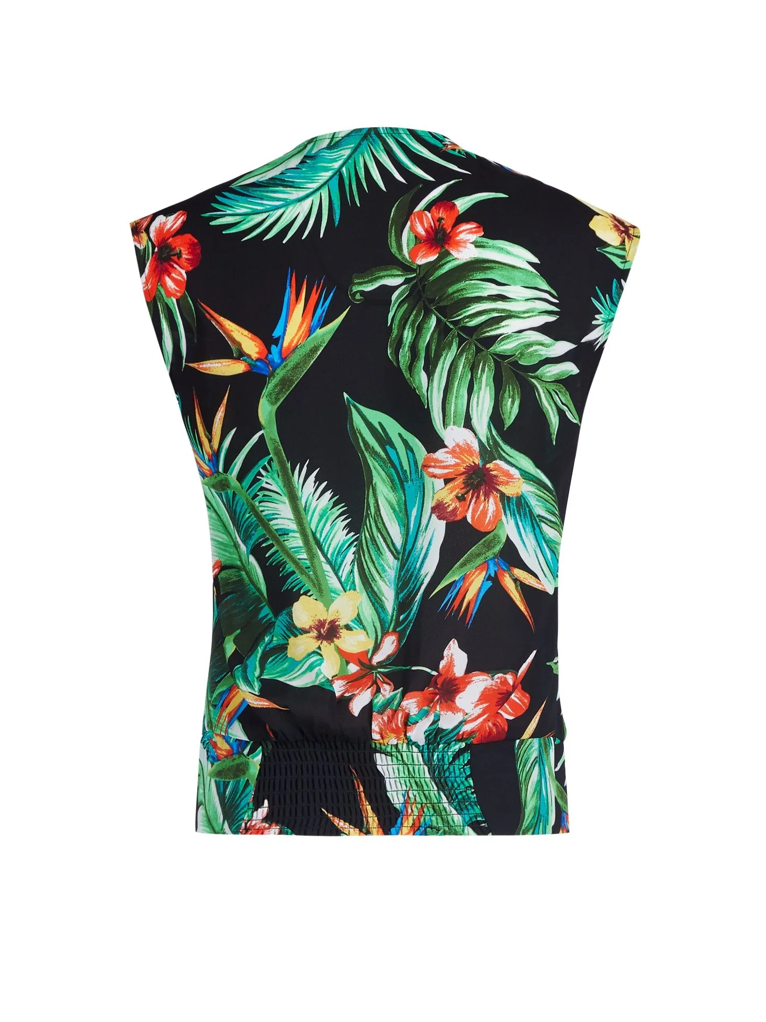 Tropical-Print Smocked Wrap Blouse