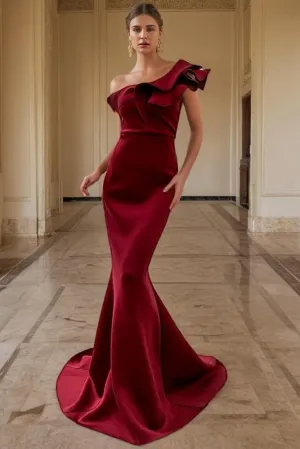 Trumpet One Shoulder Burgundy Satin Long Prom Dress
