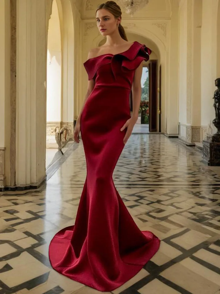 Trumpet One Shoulder Burgundy Satin Long Prom Dress