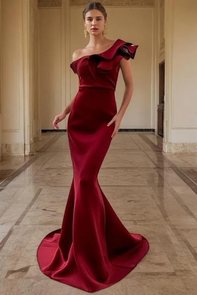Trumpet One Shoulder Burgundy Satin Long Prom Dress